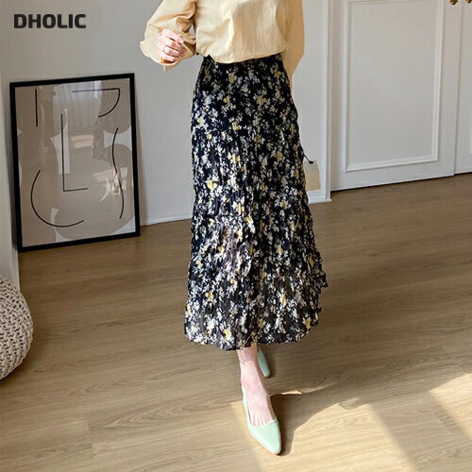 【只今30%OFF】リンクル花柄ティアードスカート・全2色・t62879 レディース 【sk】【韓国 ファッション ボトムス スカート ロング ロングスカート Aライン 花柄 フラワー ティアード リンクル ナチュラル ボリューム カジュアル 体型カバー フェミニン デイリー 秋】【fw】