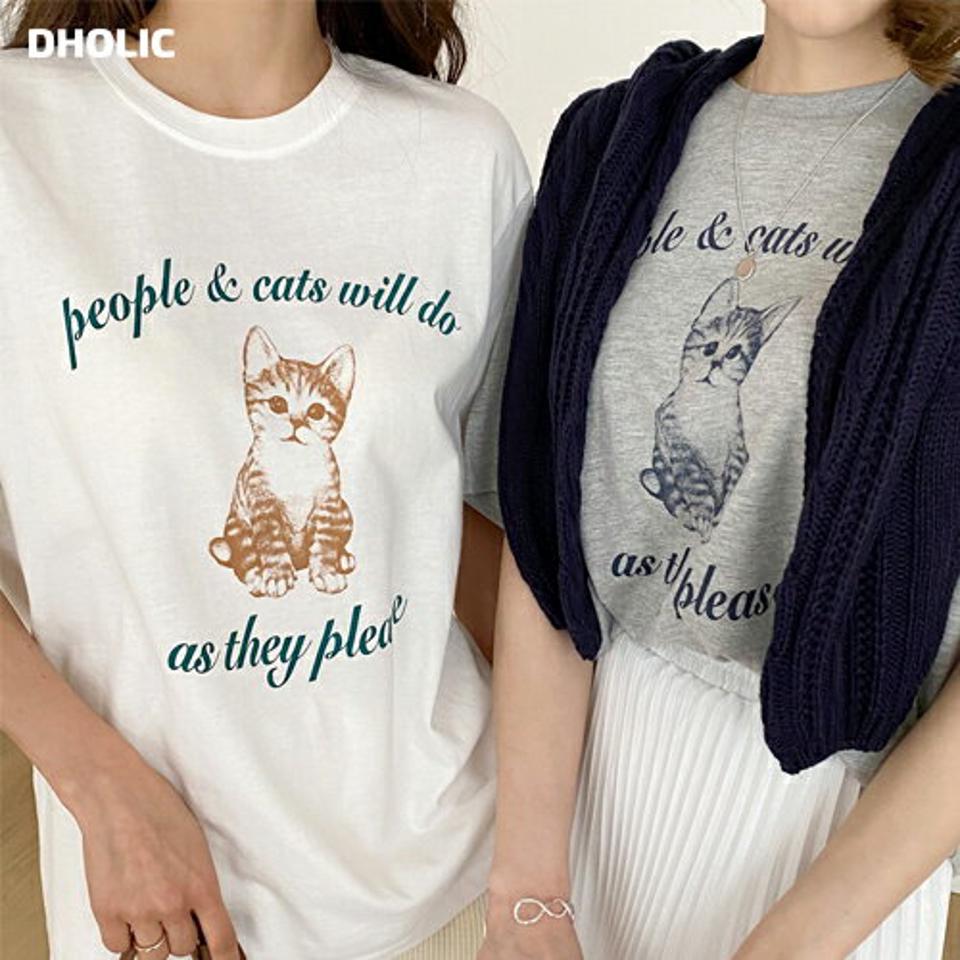 キャットプリントTシャツ・全2色・t62901 レディース 【tops】【韓国 ファッション トップス Tシャツ 半袖 キャット プリント 猫 ねこ ラウンドネック ハーフスリーブ ベーシック カジュアル デイリー 秋 冬】【BT】