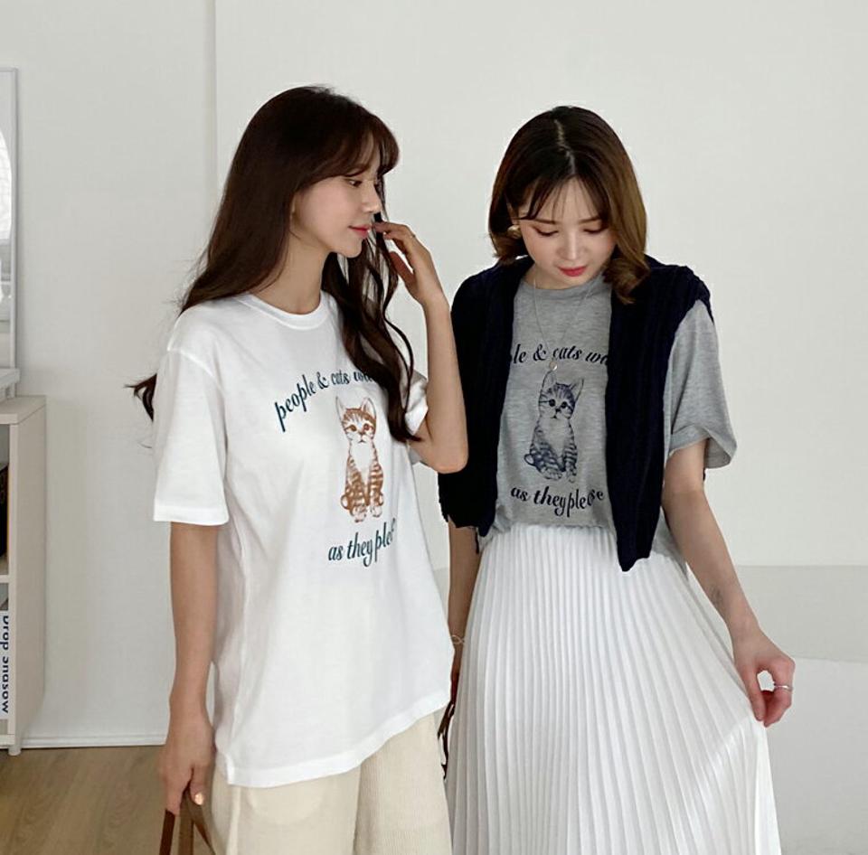 キャットプリントTシャツ・全2色・t62901 レディース 【tops】【韓国 ファッション トップス Tシャツ 半袖 キャット プリント 猫 ねこ ラウンドネック ハーフスリーブ ベーシック カジュアル デイリー 秋 冬】【BT】