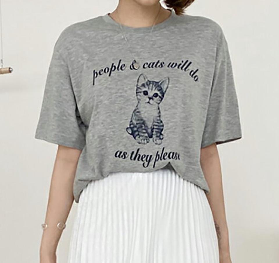 キャットプリントTシャツ・全2色・t62901 レディース 【tops】【韓国 ファッション トップス Tシャツ 半袖 キャット プリント 猫 ねこ ラウンドネック ハーフスリーブ ベーシック カジュアル デイリー 秋 冬】【BT】