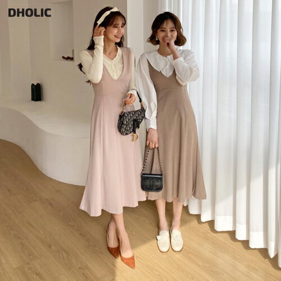 Vネックノースリワンピース・全3色・t62873 レディース 【ops】【韓国 ファッション ワンピース ロング ロングワンピース モダン Vネック スリーブレス キャミソール キャミ ガーリー 細身 体型カバー 秋 冬】