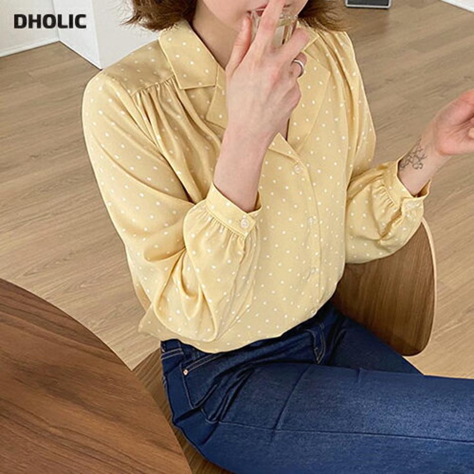 シルキーカラードットブラウス・全3色・t62871 レディース 【bl】【韓国 ファッション トップス ブラウス 長袖 上品 春 ドット パターン シルキー ガーリー Vネック ギャザー フェミニン カジュアル デイリー 秋 冬】