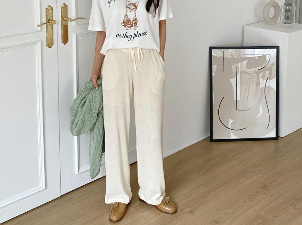 イージーリブニットパンツ・全4色・t62887 レディース 【pt】【韓国 ファッション ボトムス パンツ ニットパンツ ロング スリム ベーシック ウエストゴム ストリング 足長 細身 10分丈 十分丈 ストレート カジュアル 無地 秋 冬】