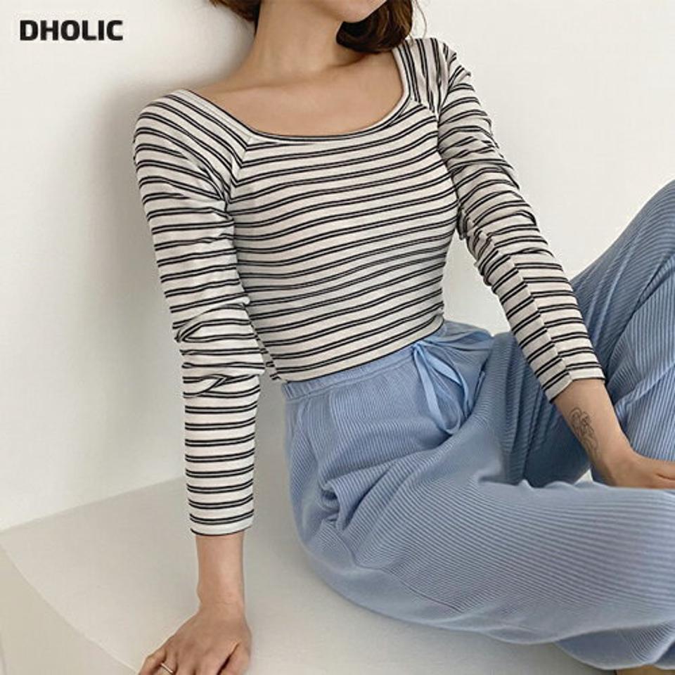 ボーダースリムTシャツ・全4色・t62862 レディース 【tops】【韓国 ファッション トップス Tシャツ 長袖 リブ ラウンドネック ボーダー パターン スリム リブ 細身 フィット ベーシック カジュアル デイリー 秋 冬】