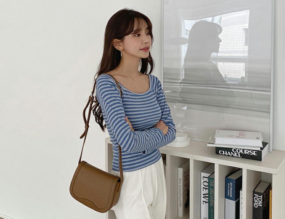 ボーダースリムTシャツ・全4色・t62862 レディース 【tops】【韓国 ファッション トップス Tシャツ 長袖 リブ ラウンドネック ボーダー パターン スリム リブ 細身 フィット ベーシック カジュアル デイリー 秋 冬】