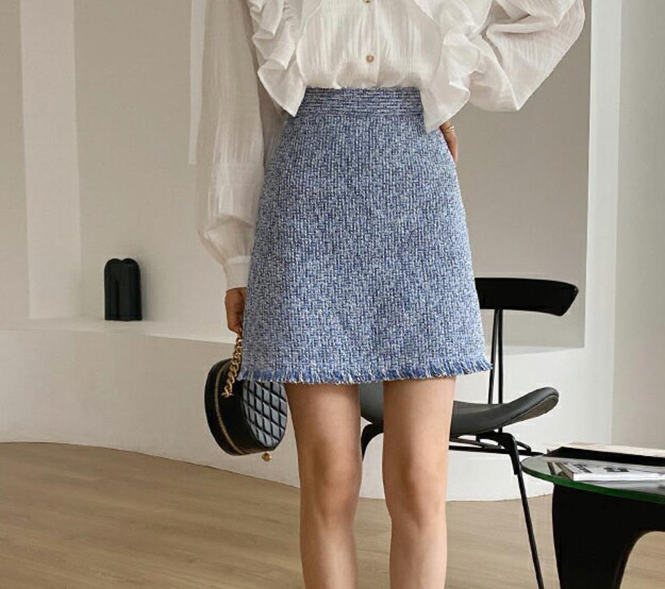 ツイードチェックミニスカート・全2色・t62906 レディース 【sk】【韓国 ファッション ボトムス スカート ミニスカート ミニ ショート ツイード 上品 フリンジ バックファスナー ガーリー カジュアル デイリー スリム 細身 秋 冬】