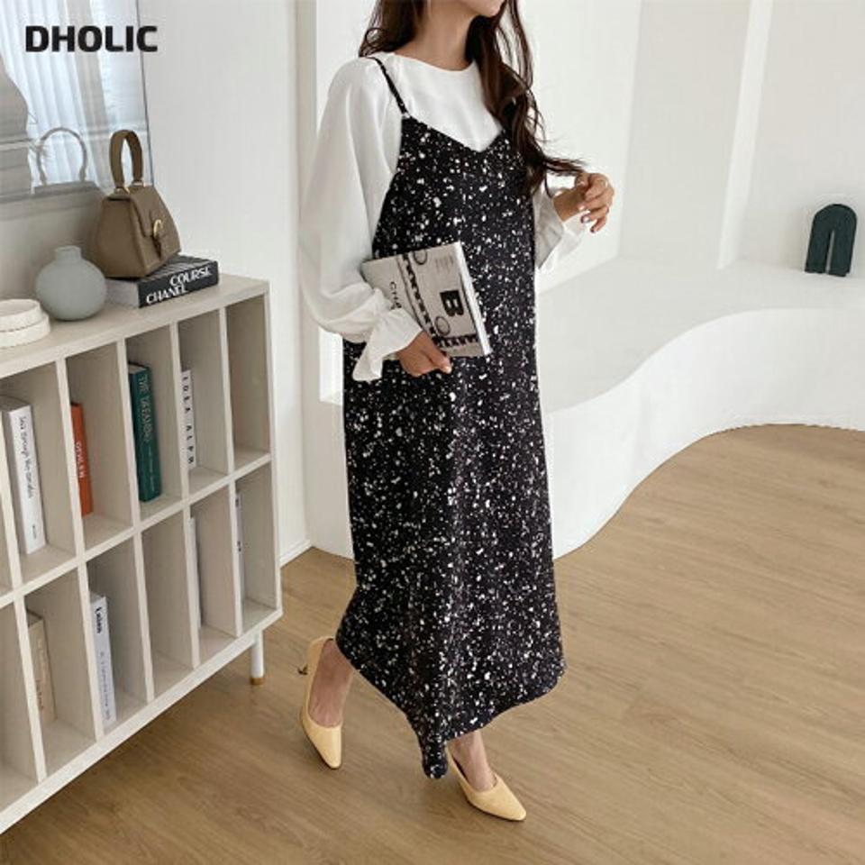 パターンスリーブレスワンピース・全2色・t62872 レディース 【ops】【韓国 ファッション ワンピース ロング ロングワンピース モダン ユニーク ペイント パターン スリーブレス Aライン キャミソール キャミ ガーリー 細身 体型カバー 秋 冬】