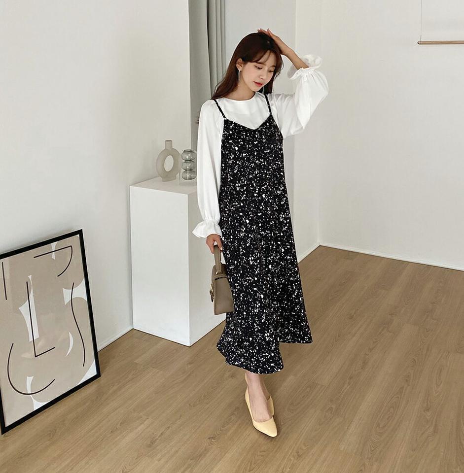 パターンスリーブレスワンピース・全2色・t62872 レディース 【ops】【韓国 ファッション ワンピース ロング ロングワンピース モダン ユニーク ペイント パターン スリーブレス Aライン キャミソール キャミ ガーリー 細身 体型カバー 秋 冬】