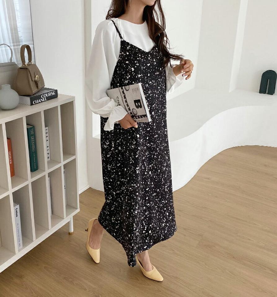 パターンスリーブレスワンピース・全2色・t62872 レディース 【ops】【韓国 ファッション ワンピース ロング ロングワンピース モダン ユニーク ペイント パターン スリーブレス Aライン キャミソール キャミ ガーリー 細身 体型カバー 秋 冬】