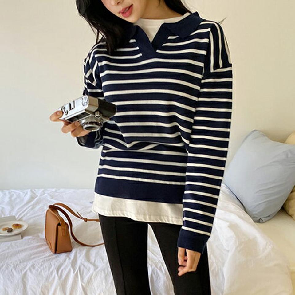 ボーダーカラーニット・全3色・b63268 レディース 【tops】【韓国 ファッション トップス ニット 長袖 ネックスリット 配色 ボーダー パターン ルーズ ゆったり スリム 体型カーバー ガーリー デイリー カジュアル 秋 春】【NIJU】
