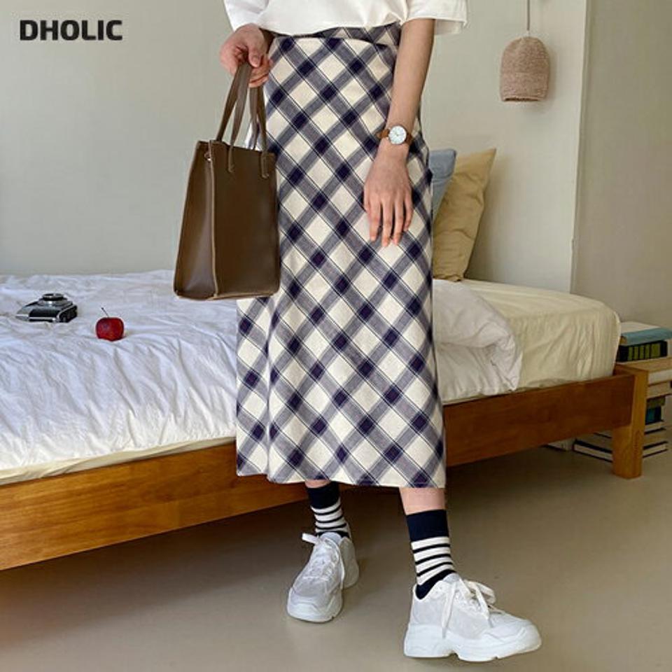 チェックAラインスカート・全2色・t63225 レディース 【sk】【韓国 ファッション ボトムス スカート ロング ロングスカート ダイヤ チェック柄 フェミニン ウエストゴム Aライン シンプル ガーリー 秋 春】【NIJU】
