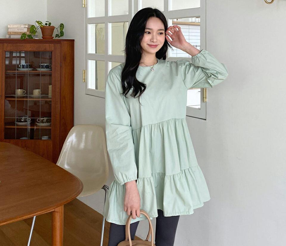 ティアードミニワンピース・全3色・t63276 レディース 【ops】【韓国 ファッション ワンピース ミニ ミニワンピース カジュアル ギャザー ラウンドネック かわいい ルーズ ティアード ガーリー 秋 春】【NIJU】