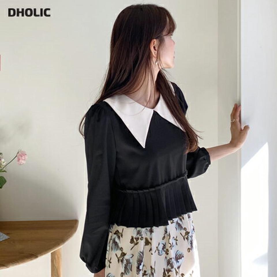 カラープリーツヘムブラウス・全2色・t56909 レディース 【bl】【韓国 ファッション トップス ブラウス 長袖 上品 配色 カラーネック プリーツ 体型カバー フェミニン カジュアル デイリー 秋 春】