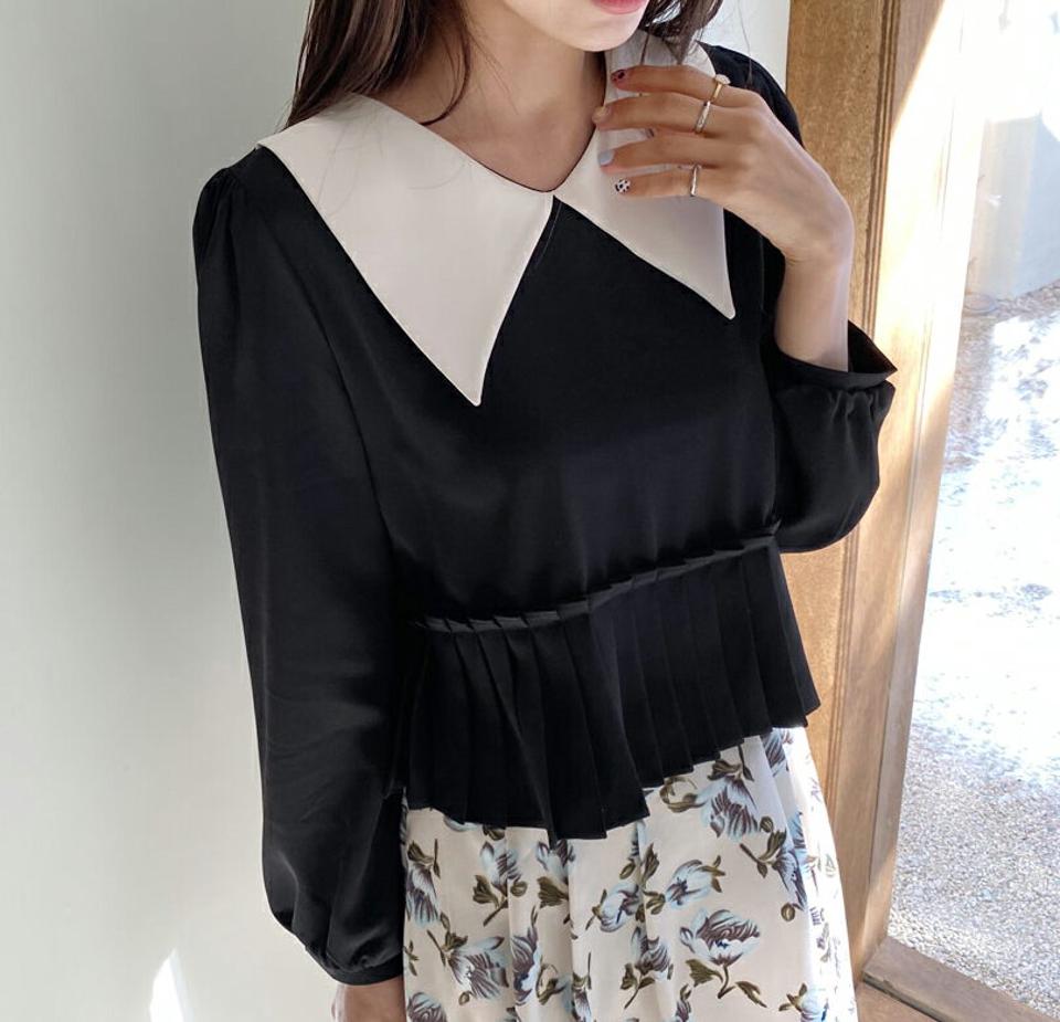 カラープリーツヘムブラウス・全2色・t56909 レディース 【bl】【韓国 ファッション トップス ブラウス 長袖 上品 配色 カラーネック プリーツ 体型カバー フェミニン カジュアル デイリー 秋 春】