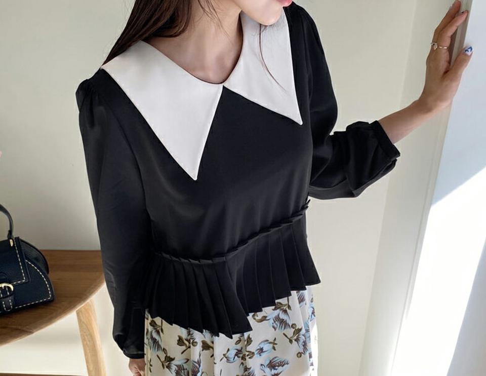 カラープリーツヘムブラウス・全2色・t56909 レディース 【bl】【韓国 ファッション トップス ブラウス 長袖 上品 配色 カラーネック プリーツ 体型カバー フェミニン カジュアル デイリー 秋 春】
