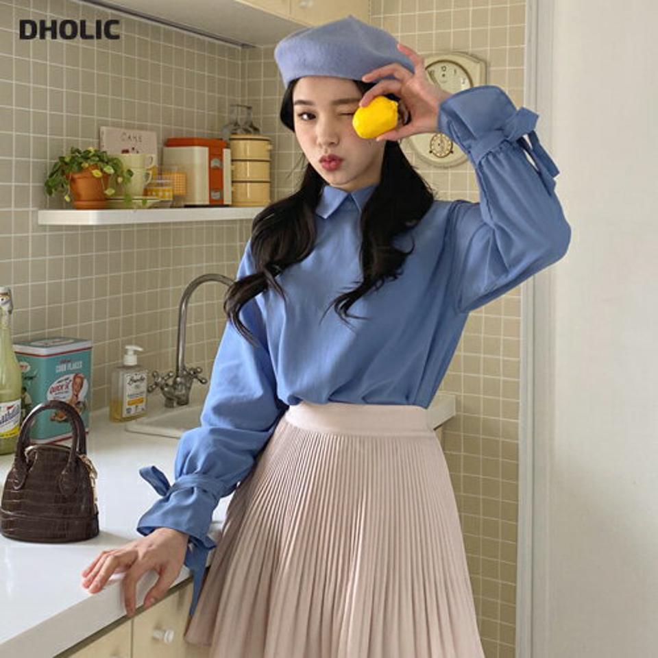 カラースリーブリボンブラウス・全4色・t63157 レディース 【bl】【韓国 ファッション トップス ブラウス 長袖 上品 カラー リボン フリル袖 体型カバー 細身 カジュアル デイリー 秋 春】【NIJU】