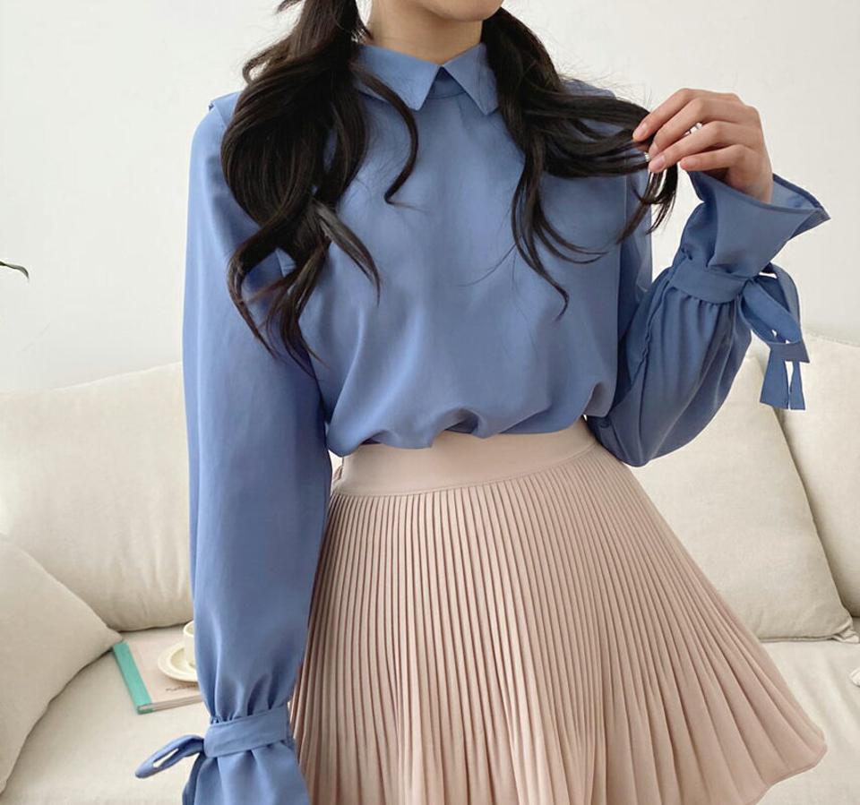 カラースリーブリボンブラウス・全4色・t63157 レディース 【bl】【韓国 ファッション トップス ブラウス 長袖 上品 カラー リボン フリル袖 体型カバー 細身 カジュアル デイリー 秋 春】【NIJU】