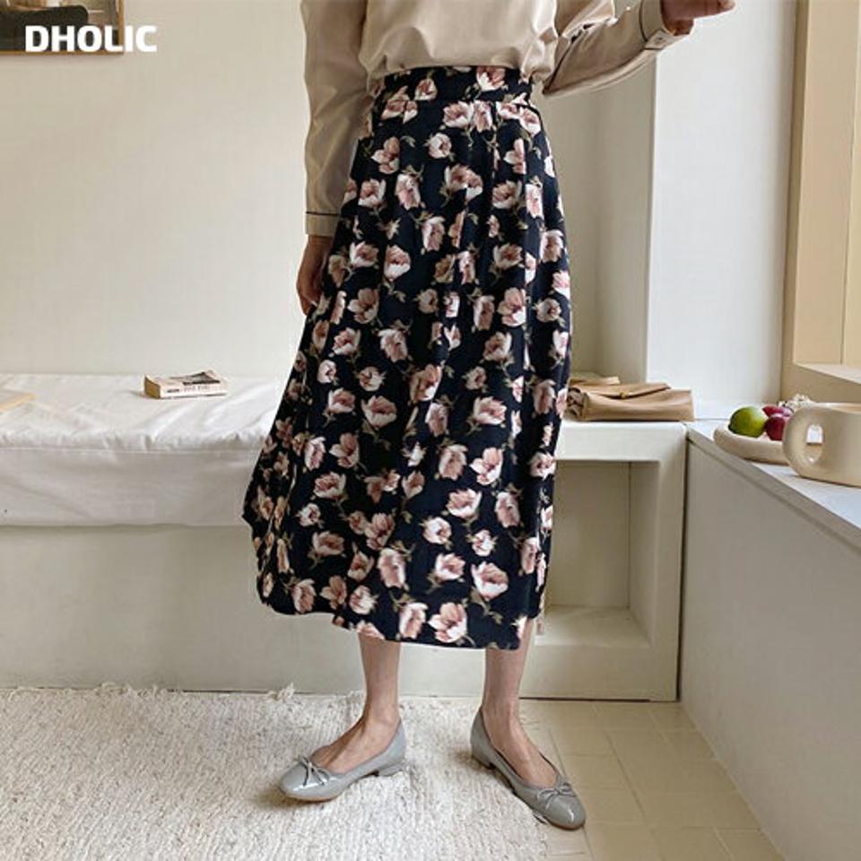 花柄Aラインスカート・全2色・t56927 レディース 【sk】【韓国 ファッション ボトムス スカート ロング ロングスカート フローラル パターン Aライン 揺れ感 ボリューム 花柄 カジュアル 体型カバー フェミニン デイリー 秋 春】【fw】