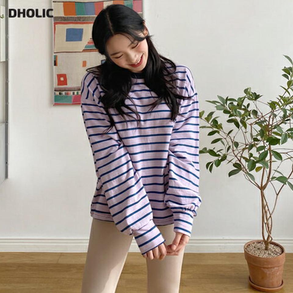 ボーダールーズTシャツ・全4色・t63238 レディース 【tops】【韓国 ファッション トップス Tシャツ 長袖 ラウンドネック リブ スリム フィット 体型カーバー 細身 ボーダー パターン ストライプ ゆったり デイリー カジュアル 秋 春】【NIJU】