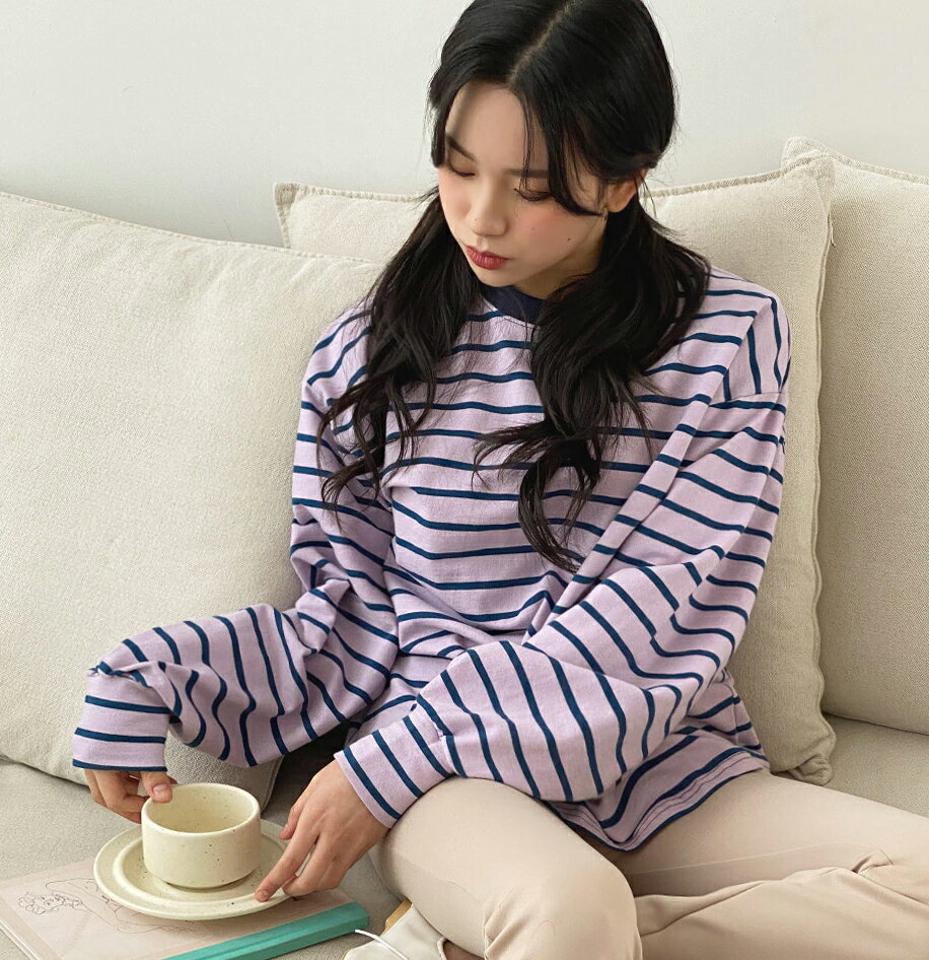 ボーダールーズTシャツ・全4色・t63238 レディース 【tops】【韓国 ファッション トップス Tシャツ 長袖 ラウンドネック リブ スリム フィット 体型カーバー 細身 ボーダー パターン ストライプ ゆったり デイリー カジュアル 秋 春】【NIJU】
