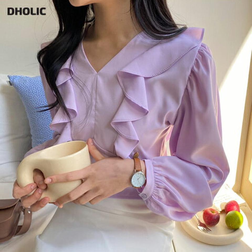 フリルクロップドブラウス・全4色・t63269 レディース 【bl】【韓国 ファッション トップス ブラウス 長袖 上品 サイドフリル クロップド丈 Vネック ボリューミー ガーリー 体型カバー 細身 カジュアル デイリー 秋 春】【NIJU】