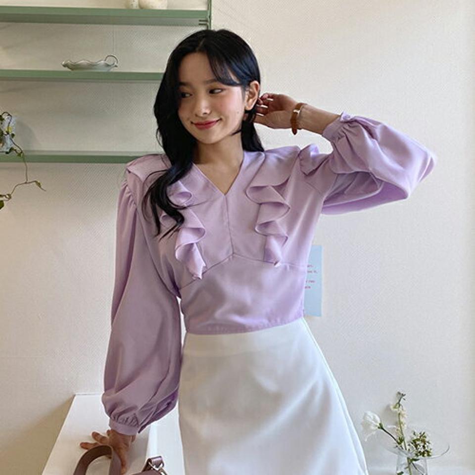 フリルクロップドブラウス・全4色・t63269 レディース 【bl】【韓国 ファッション トップス ブラウス 長袖 上品 サイドフリル クロップド丈 Vネック ボリューミー ガーリー 体型カバー 細身 カジュアル デイリー 秋 春】【NIJU】