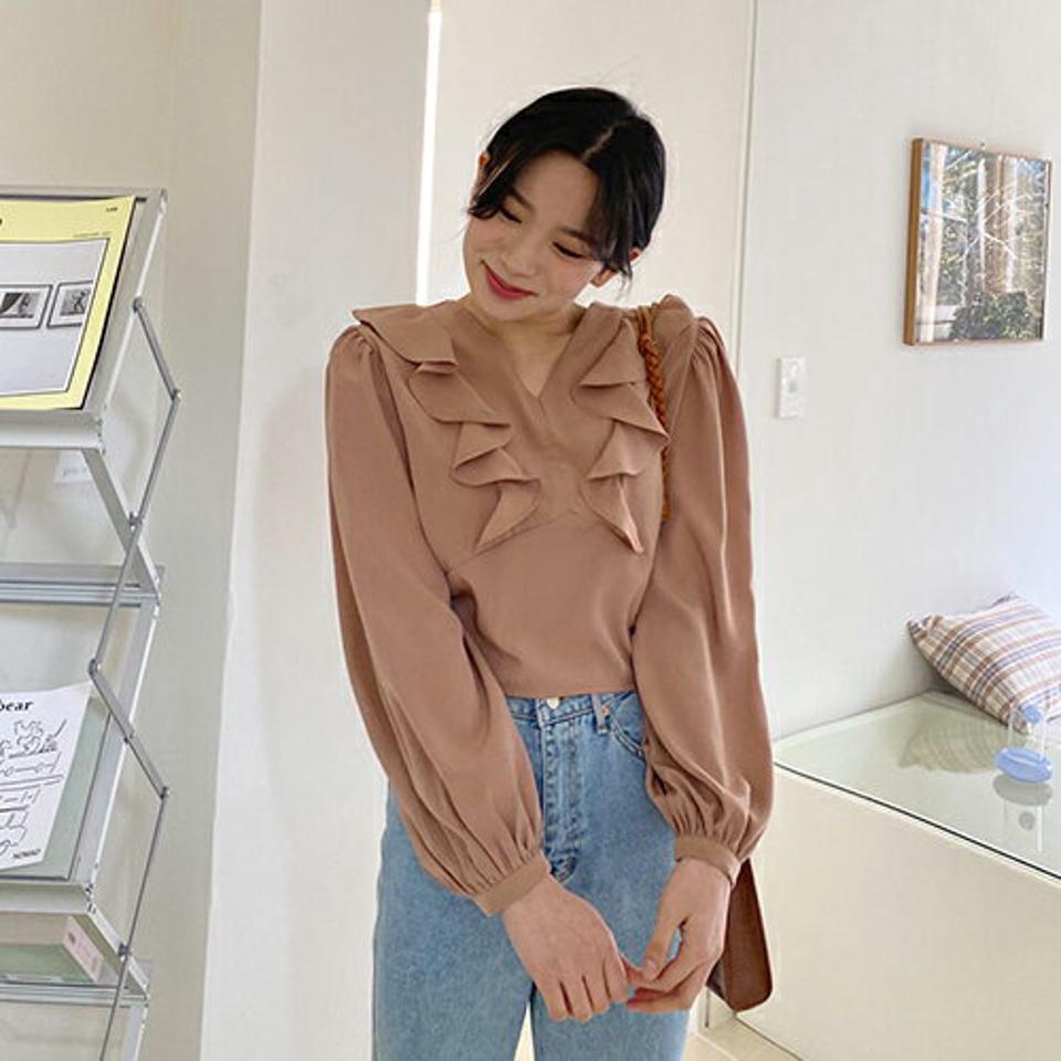 フリルクロップドブラウス・全4色・t63269 レディース 【bl】【韓国 ファッション トップス ブラウス 長袖 上品 サイドフリル クロップド丈 Vネック ボリューミー ガーリー 体型カバー 細身 カジュアル デイリー 秋 春】【NIJU】