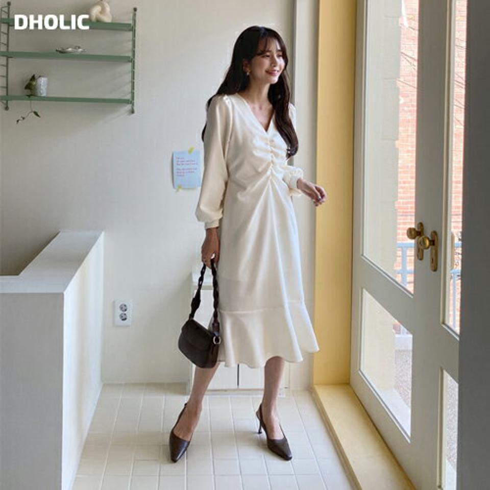 ギャザーVネックワンピース・全5色・t56914 レディース 【ops】【韓国 ファッション ワンピース ロング ロングワンピース ギャザー Vネック ウエストリボン スリム フレア フェミニン 細身 体型カバー 秋 春】