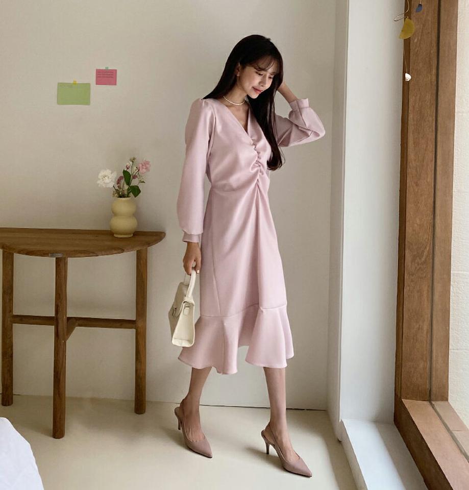 ギャザーVネックワンピース・全5色・t56914 レディース 【ops】【韓国 ファッション ワンピース ロング ロングワンピース ギャザー Vネック ウエストリボン スリム フレア フェミニン 細身 体型カバー 秋 春】