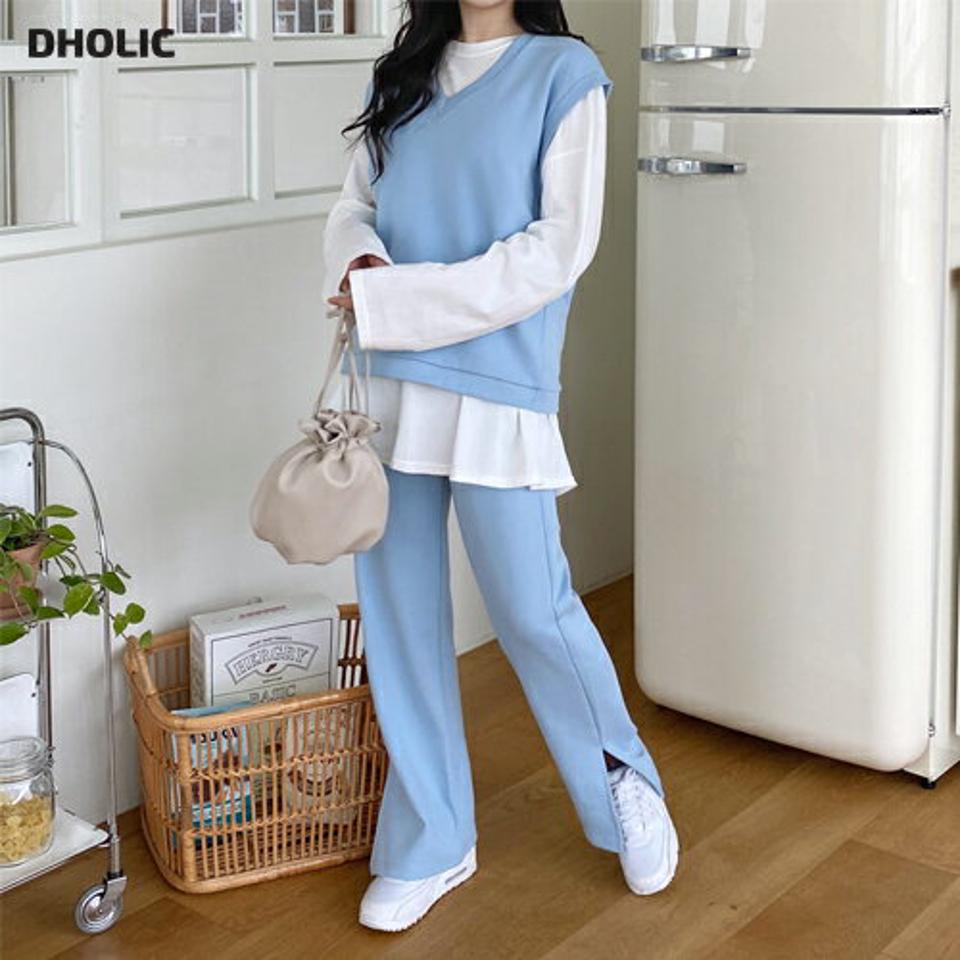 コットンVネックベスト&スリットパンツSET・全5色・t63257 レディース 【pt】【韓国 ファッション ボトムス パンツ ロング ワイドパンツ セット セットアップ ウエストゴム ベスト Vネック 体型カーバー ルーズ ゆったり ストレート 秋 春】【NIJU】