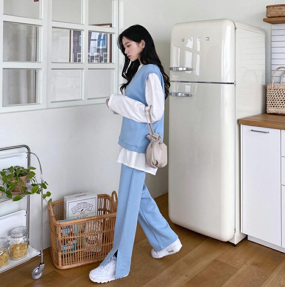 コットンVネックベスト&スリットパンツSET・全5色・t63257 レディース 【pt】【韓国 ファッション ボトムス パンツ ロング ワイドパンツ セット セットアップ ウエストゴム ベスト Vネック 体型カーバー ルーズ ゆったり ストレート 秋 春】【NIJU】