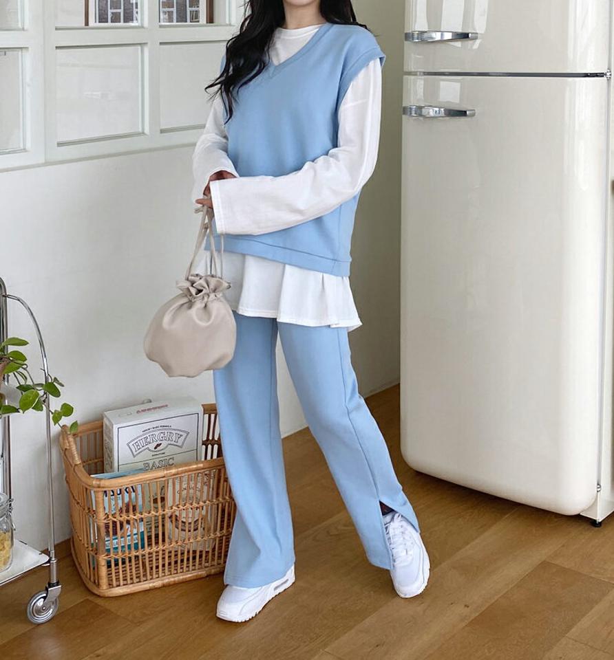 コットンVネックベスト&スリットパンツSET・全5色・t63257 レディース 【pt】【韓国 ファッション ボトムス パンツ ロング ワイドパンツ セット セットアップ ウエストゴム ベスト Vネック 体型カーバー ルーズ ゆったり ストレート 秋 春】【NIJU】