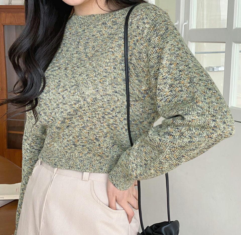 メランジクロップドニット・全3色・t63246 レディース 【tops】【韓国 ファッション トップス ニット 長袖 クロップド丈 メランジ ラウンドネック ルーズフィット デイリー ベーシック カジュアル 秋 春】【NIJU】