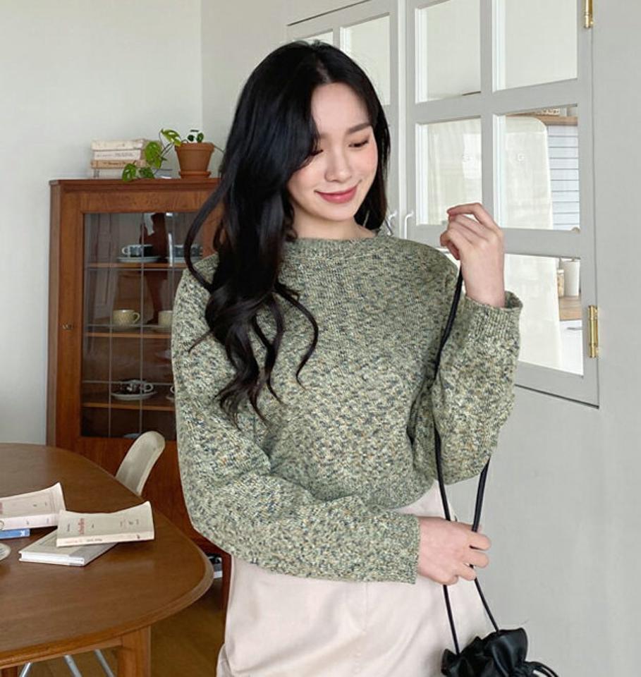 メランジクロップドニット・全3色・t63246 レディース 【tops】【韓国 ファッション トップス ニット 長袖 クロップド丈 メランジ ラウンドネック ルーズフィット デイリー ベーシック カジュアル 秋 春】【NIJU】