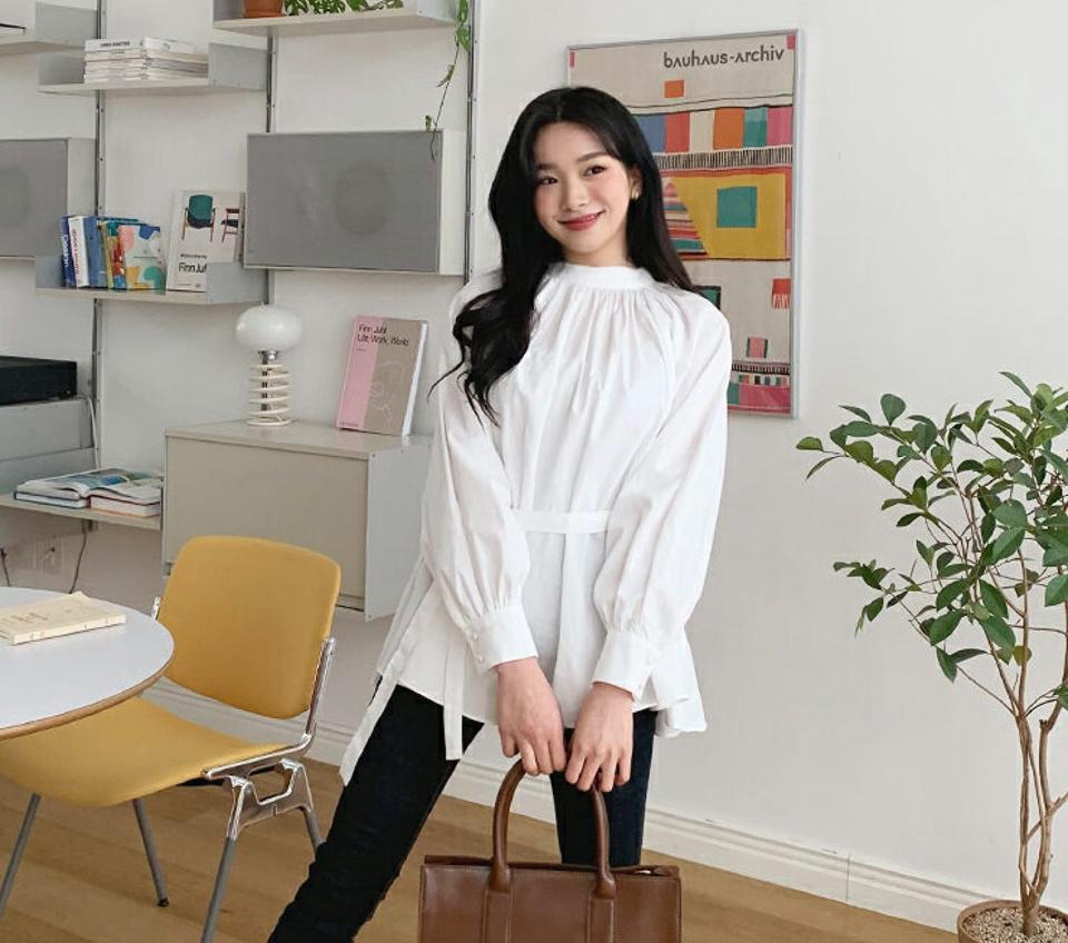 ストラップ付ラグランブラウス・全2色・t63245 レディース 【bl】【韓国 ファッション トップス ブラウス 長袖 上品 ラグランスリーブ ギャザー ウエストストラップ ロングブラウス 体型カバー 細身 カジュアル デイリー 秋 春】【NIJU】