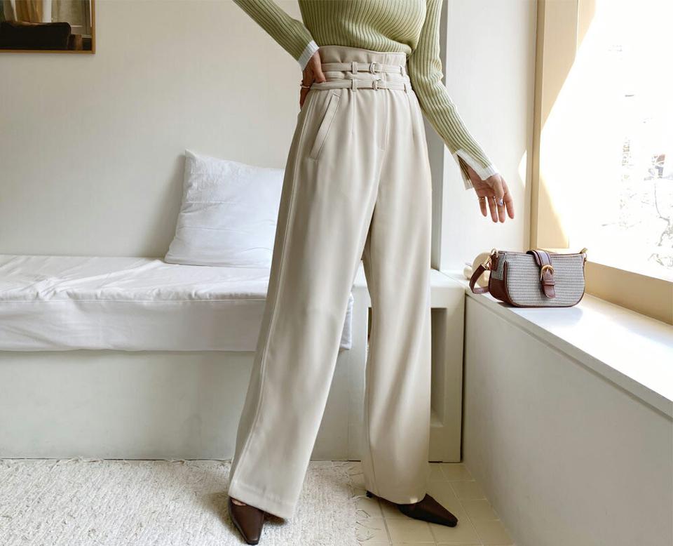 ダブルベルト付ステッチパンツ・全2色・t56929 レディース 【pt】【韓国 ファッション ボトムス パンツ ロング ロングパンツ ステッチ ワイドパンツ 美脚 ベルトループ カジュアル ハイウエスト 無地 体型カーバー 秋 春】