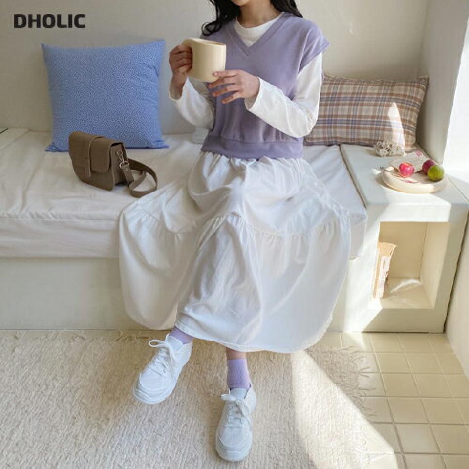 ベスト&ティアードワンピースSET・全3色・b63271 レディース 【ops】【韓国 ファッション ワンピース ロング ロングワンピース カジュアル セット おしゃれ ベスト Vネック ルーズ ティアード 体型カバー ラウンドネック 秋 春】【NIJU】