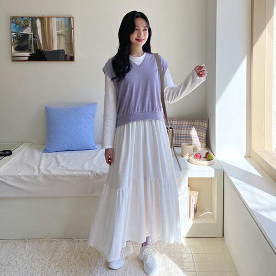 ベスト&ティアードワンピースSET・全3色・b63271 レディース 【ops】【韓国 ファッション ワンピース ロング ロングワンピース カジュアル セット おしゃれ ベスト Vネック ルーズ ティアード 体型カバー ラウンドネック 秋 春】【NIJU】