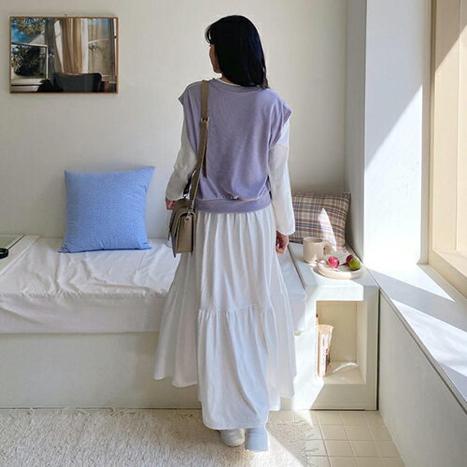 ベスト&ティアードワンピースSET・全3色・b63271 レディース 【ops】【韓国 ファッション ワンピース ロング ロングワンピース カジュアル セット おしゃれ ベスト Vネック ルーズ ティアード 体型カバー ラウンドネック 秋 春】【NIJU】