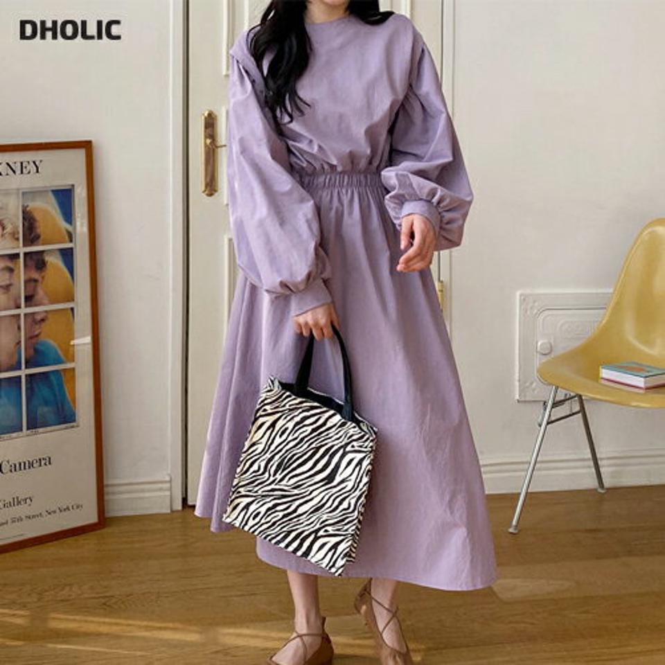 ウエストゴムワンピース・全3色・t63277 レディース 【ops】【韓国 ファッション ワンピース ロング ロングワンピース カジュアル ラウンドネック かわいい ウエストゴム ルーズ パフスリーブ 体型カバー 細身 秋 春】【NIJU】