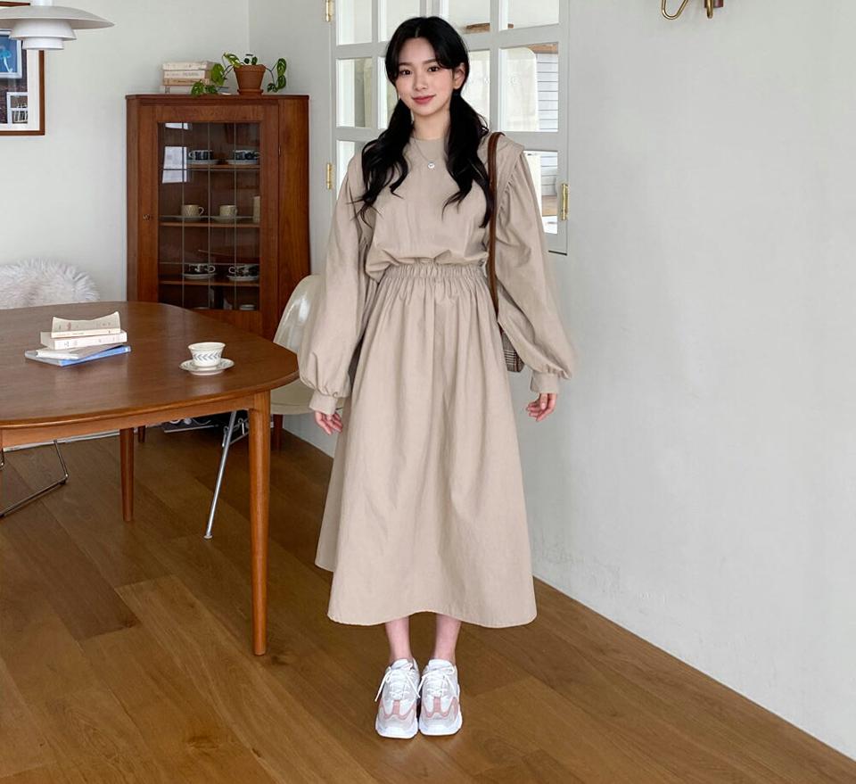 ウエストゴムワンピース・全3色・t63277 レディース 【ops】【韓国 ファッション ワンピース ロング ロングワンピース カジュアル ラウンドネック かわいい ウエストゴム ルーズ パフスリーブ 体型カバー 細身 秋 春】【NIJU】