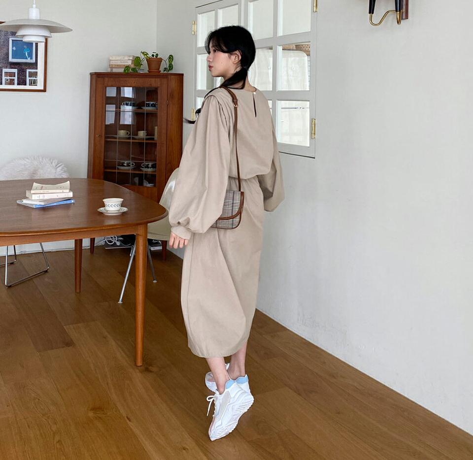 ウエストゴムワンピース・全3色・t63277 レディース 【ops】【韓国 ファッション ワンピース ロング ロングワンピース カジュアル ラウンドネック かわいい ウエストゴム ルーズ パフスリーブ 体型カバー 細身 秋 春】【NIJU】