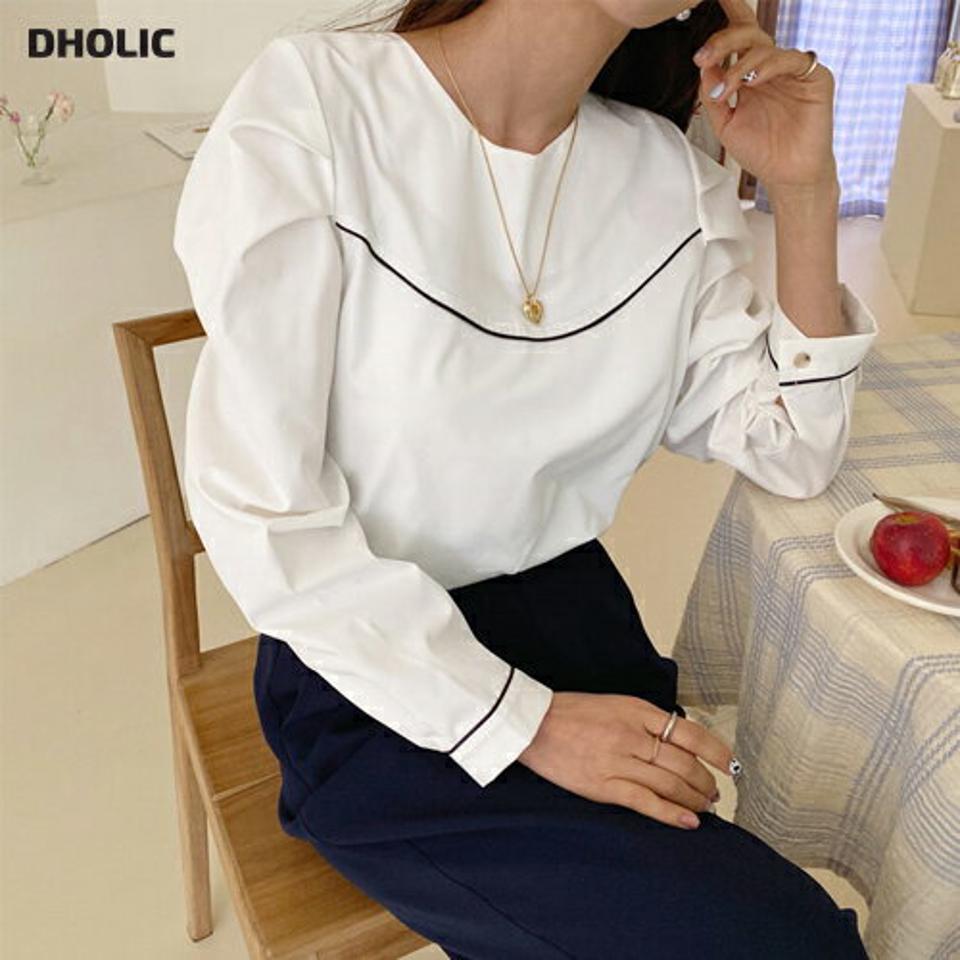 配色パイピングパフブラウス・全2色・t56924 レディース 【bl】【韓国 ファッション トップス ブラウス 長袖 上品 パフスリーブ パイピング 配色 ライン ラウンドネック 体型カバー フェミニン カジュアル デイリー 秋 春】