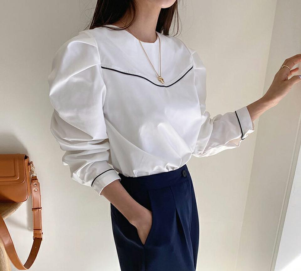 配色パイピングパフブラウス・全2色・t56924 レディース 【bl】【韓国 ファッション トップス ブラウス 長袖 上品 パフスリーブ パイピング 配色 ライン ラウンドネック 体型カバー フェミニン カジュアル デイリー 秋 春】