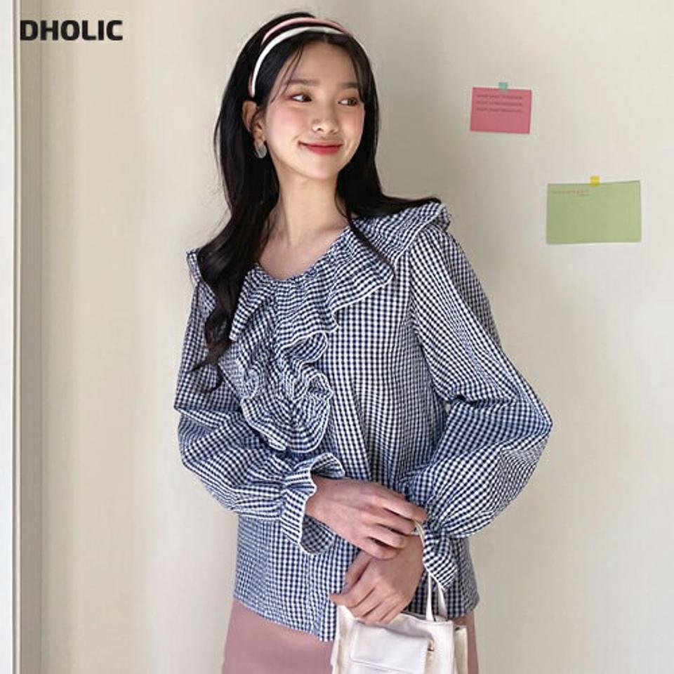 チェックフリルブラウス・全3色・b63270 レディース 【bl】【韓国 ファッション トップス ブラウス 長袖 上品 ガーリー チェック柄 フリル Vネック デコルテ パターン 体型カバー 細身 カジュアル デイリー 秋 春】【NIJU】