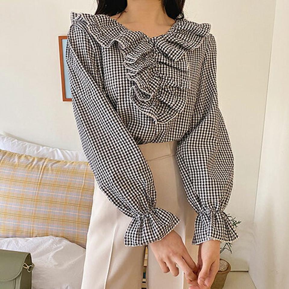 チェックフリルブラウス・全3色・b63270 レディース 【bl】【韓国 ファッション トップス ブラウス 長袖 上品 ガーリー チェック柄 フリル Vネック デコルテ パターン 体型カバー 細身 カジュアル デイリー 秋 春】【NIJU】