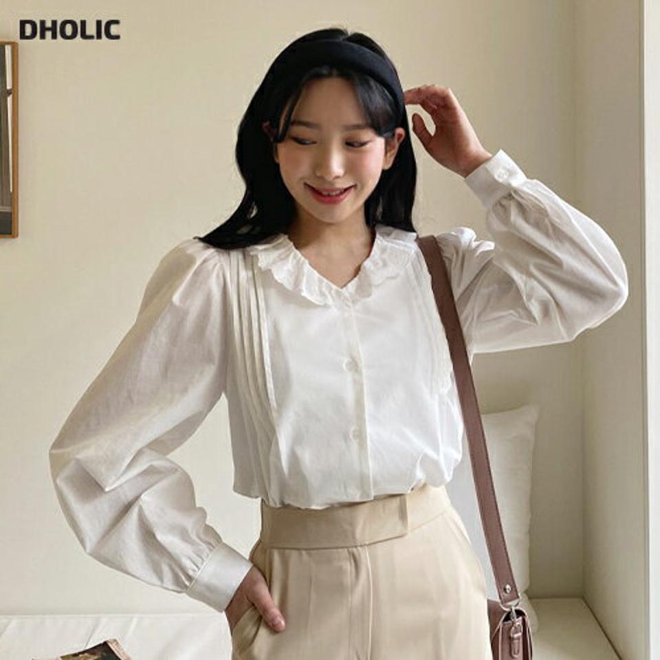 レースカラーブラウス・全2色・t63220 レディース 【bl】【韓国 ファッション トップス ブラウス 長袖 上品 アイレット レース ガーリー パフスリーブ 体型カバー 細身 カジュアル デイリー 秋 春】【NIJU】