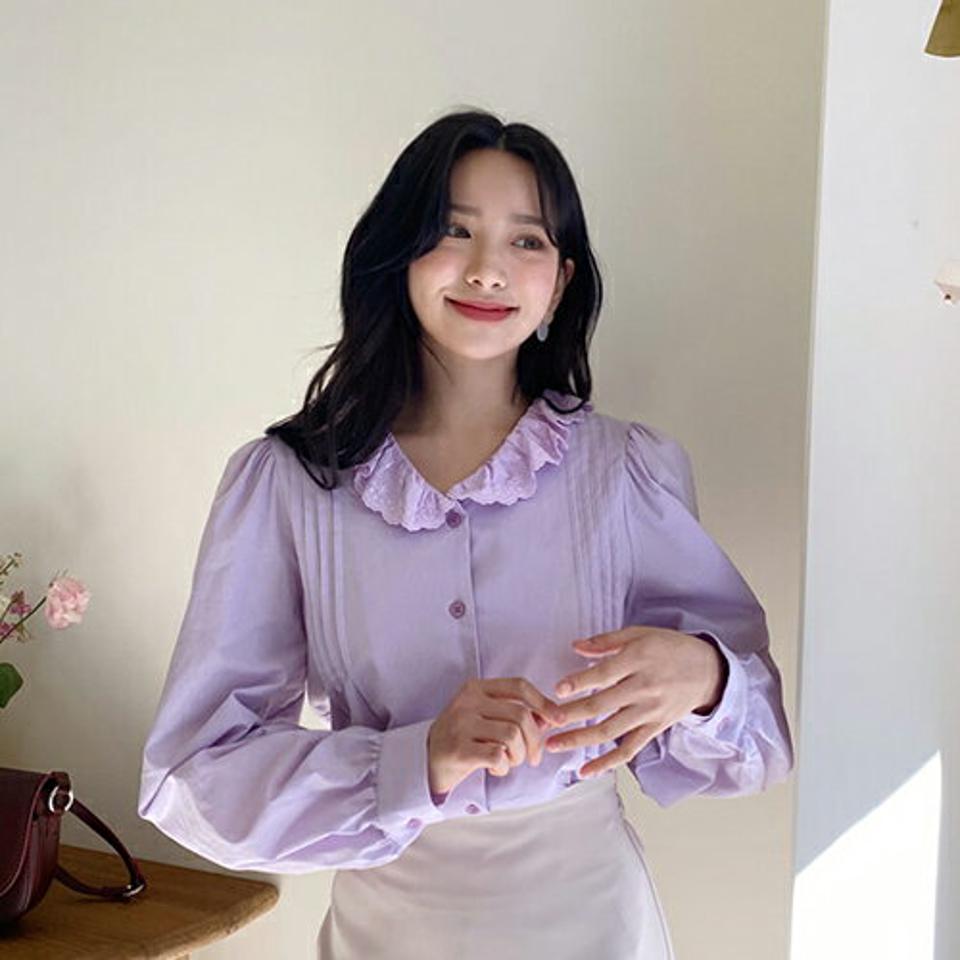 レースカラーブラウス・全2色・t63220 レディース 【bl】【韓国 ファッション トップス ブラウス 長袖 上品 アイレット レース ガーリー パフスリーブ 体型カバー 細身 カジュアル デイリー 秋 春】【NIJU】