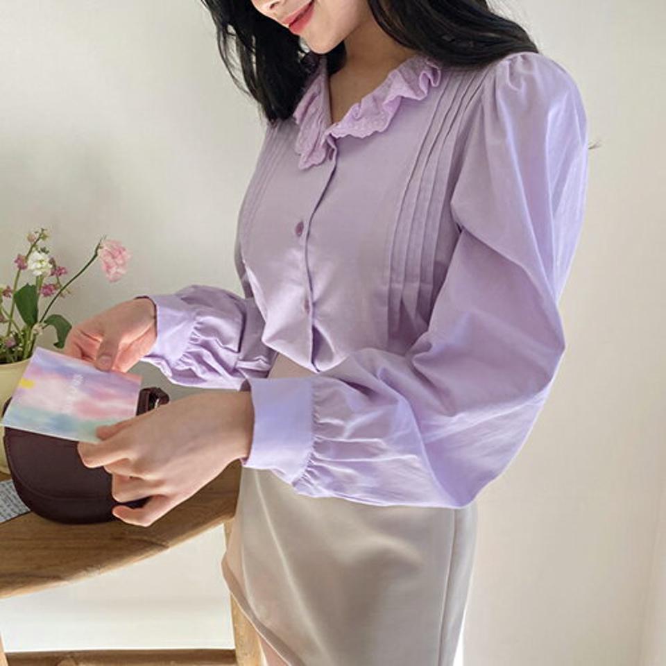 レースカラーブラウス・全2色・t63220 レディース 【bl】【韓国 ファッション トップス ブラウス 長袖 上品 アイレット レース ガーリー パフスリーブ 体型カバー 細身 カジュアル デイリー 秋 春】【NIJU】