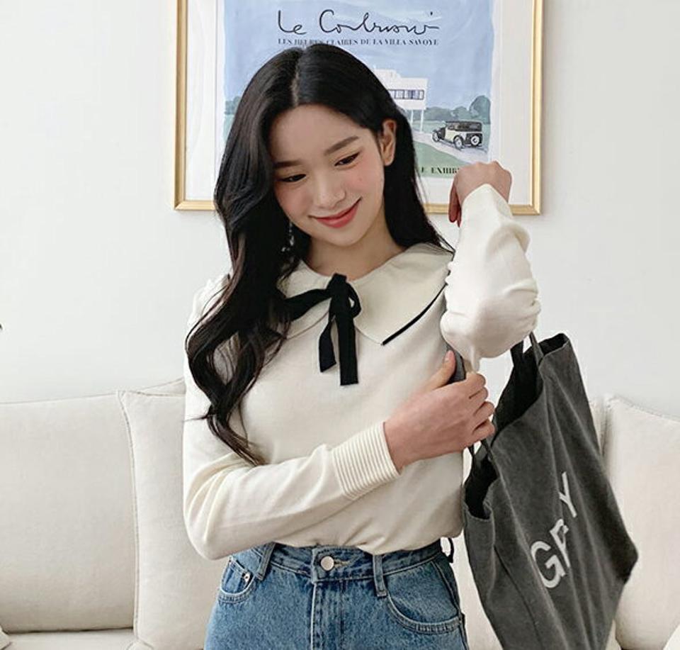 配色リボンカラーニット・全2色・b63274 レディース 【tops】【韓国 ファッション トップス ニット 長袖 ネックリボン 配色 かわいい ガーリー スリム フィット デイリー ベーシック カジュアル 秋 春】【NIJU】